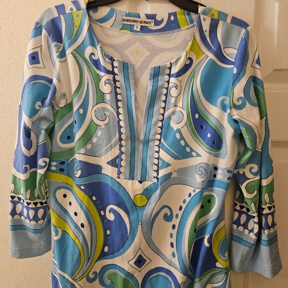 Gerwit boho popover v neck tunic Fun Blue 70s Flare Sleeve Midi cotton dress L - Picture 5 of 10